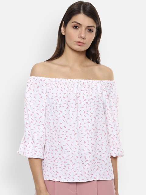 

Van Heusen Woman White & Red Printed Off-Shoulder Puff Sleeves Bardot Top