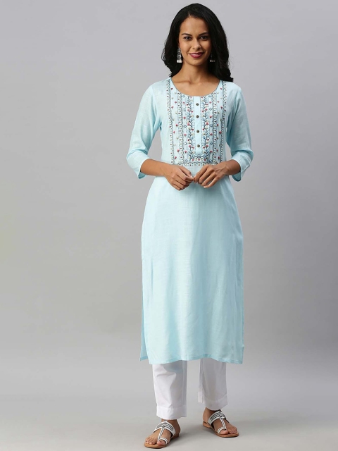 

Soch Women Blue & Red Yoke Embroidered Thread Work Pastels Kurta