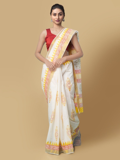 

Unnati Silks Cream-Coloured & Red Pure Cotton Printed Kasavu Saree
