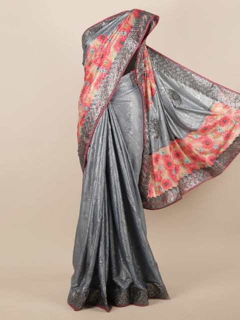 

Pothys Grey & Pink Floral Print & Woven Design Embellished Saree