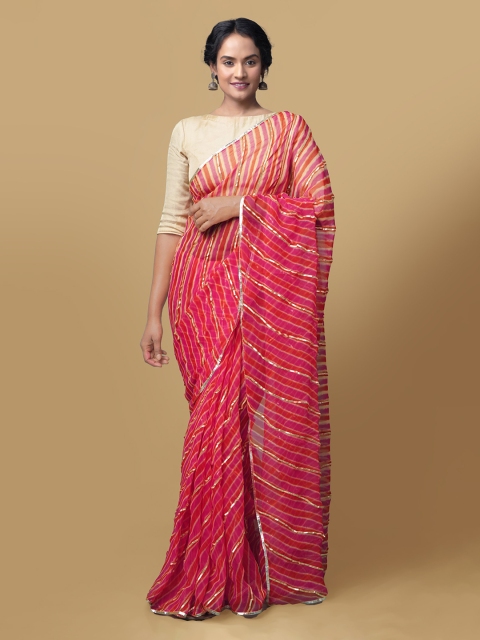 

Unnati Silks Red Pure Chiffon Striped Bhagalpuri Saree