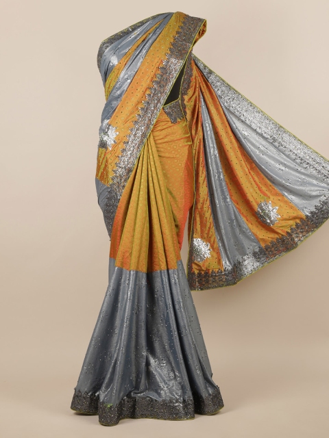 

Pothys Mustard Yellow & Grey Woven Design & Embellished Saree