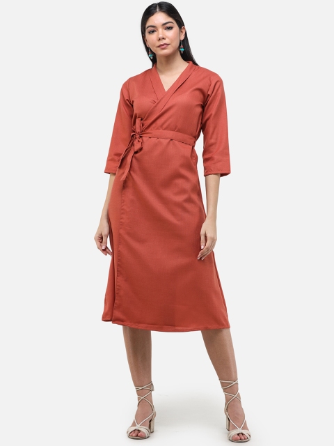 

DECHEN Women Rust Red Linen Blend Solid Wrap Dress with Belt