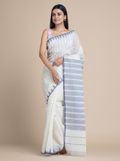 

Mitera White & Blue Silk Cotton Printed Jamdani Saree