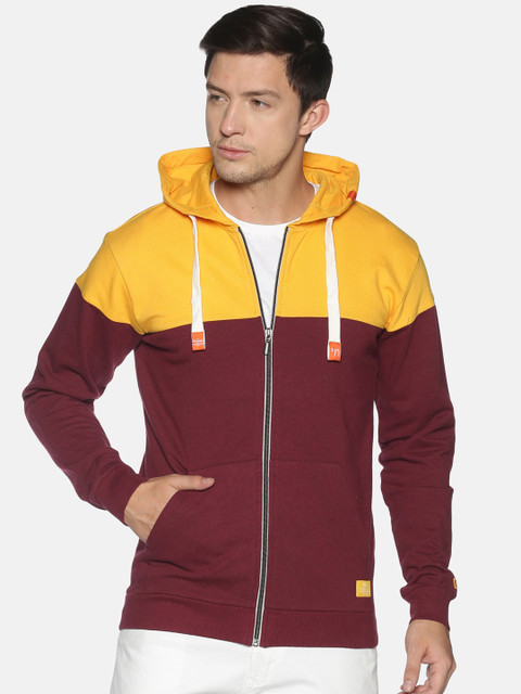 

UrGear Men Burgundy & Yellow Colourblocked Hooded Sweatshirt
