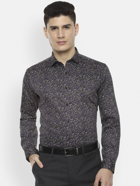 

V Dot Men Charcoal Grey & Pink Pure Cotton Slim Fit Printed Casual Shirt