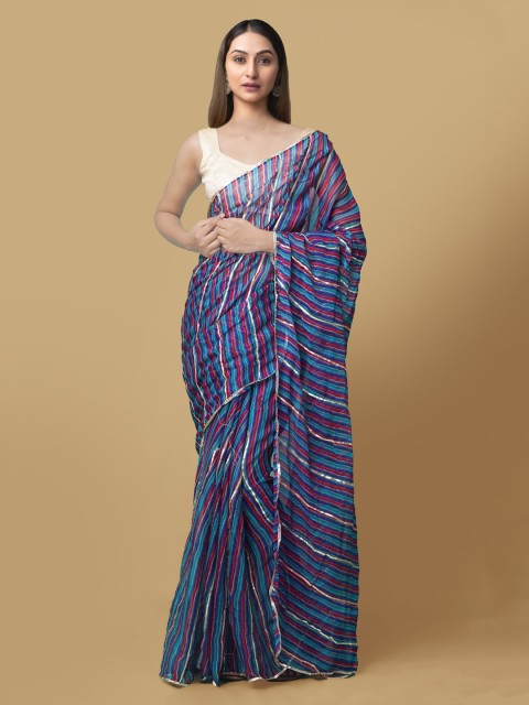 

Unnati Silks Blue & Pink Pure Chiffon Checked Bhagalpuri Saree
