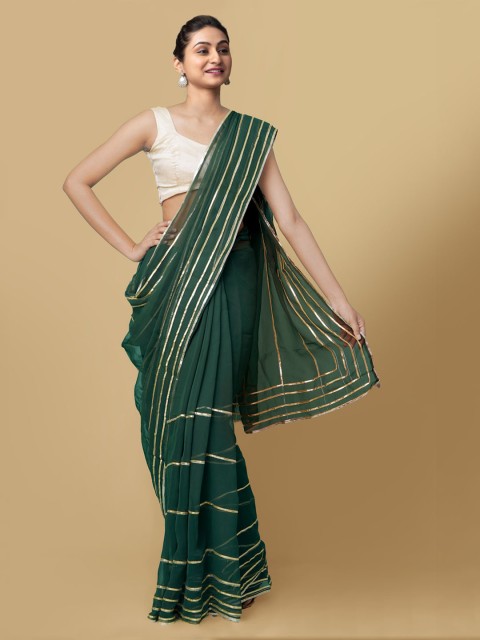 

Unnati Silks Green Pure Chiffon Striped Handloom Bhagalpuri Saree