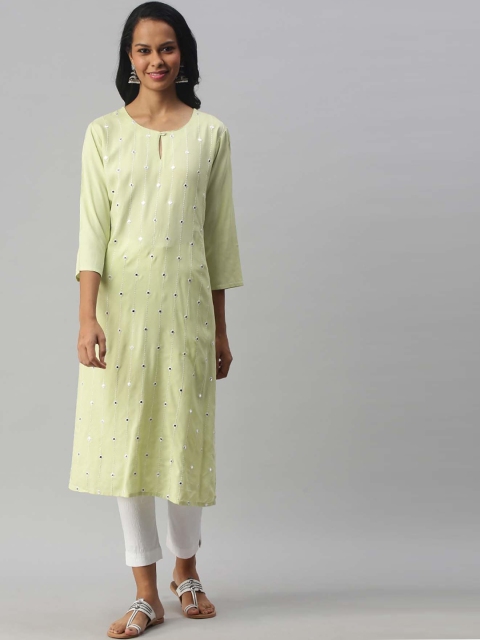 

Soch Women Lime Green Striped Mirror Work Striaght Kurta
