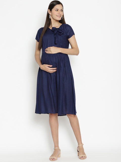 

The Vanca Women Navy Blue Self Design A-Line Dress