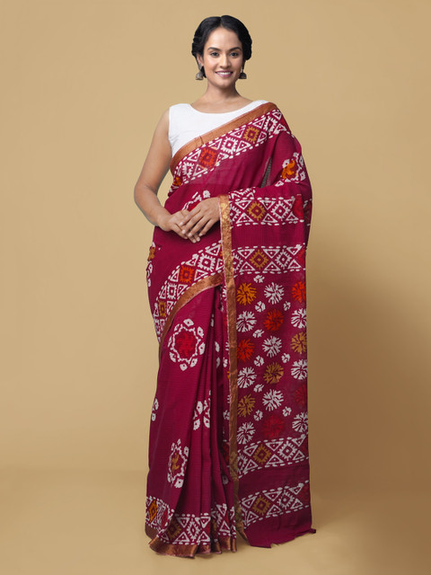

Unnati Silks Maroon Pure Cotton Printed Patola Saree