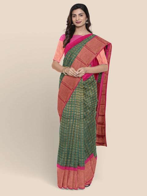 

KLM Fashion Mall Green & Golden Zari Checked Chanderi Saree