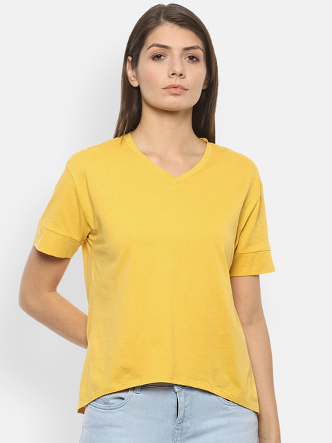 

Van Heusen Woman Mustard Yellow Pure Cotton Solid V-Neck T-shirt