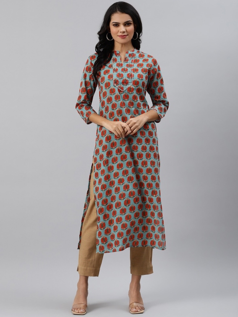 

Sringam Women Green & Coral Red Floral Printed Patchwork Kurta, Blue