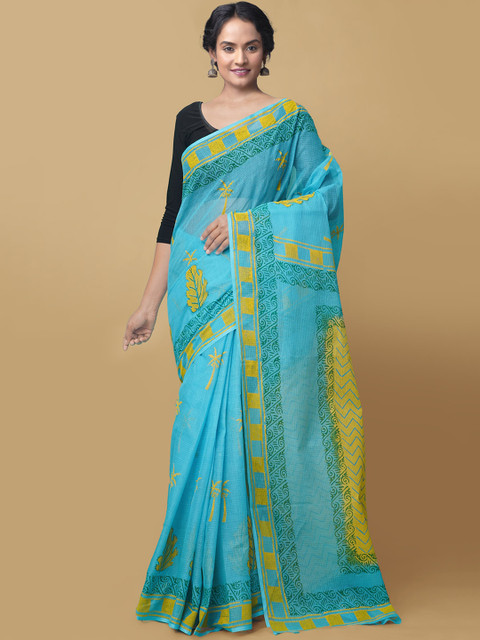

Unnati Silks Blue & Yellow Pure Cotton Printed Block Print Saree
