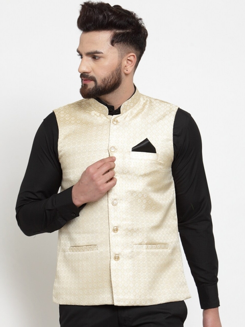 

KLOTTHE Men Beige Woven Design Silk Blend Nehru Jacket