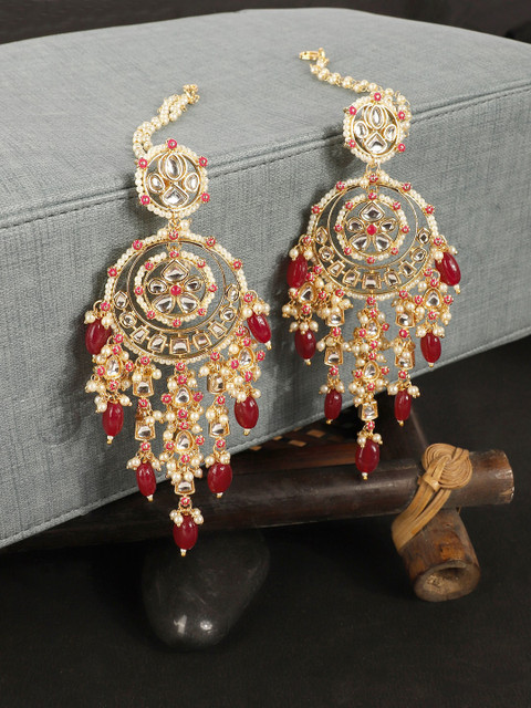 

ANIKAS CREATION Gold-Toned & Red Kundan & Pearl Jadau Chandbalis
