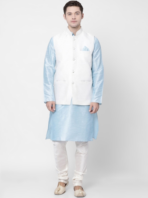 

TABARD Men Blue Dupion Silk Kurta with Churidar & Nehru Jacket