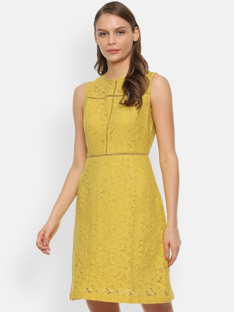 

Van Heusen Woman Mustard Yellow Self Design A-Line Dress