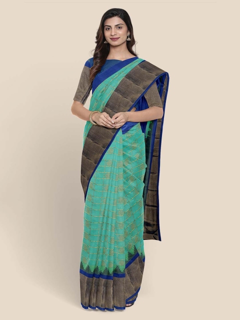 

KLM Fashion Mall Sea Green & Golden Zari Checked Chanderi Saree