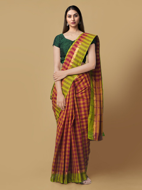 

Unnati Silks Red Pure Cotton Checked Mangalagiri Saree