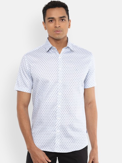 

V Dot Men White & Navy Blue Pure Cotton Slim Fit Printed Casual Shirt
