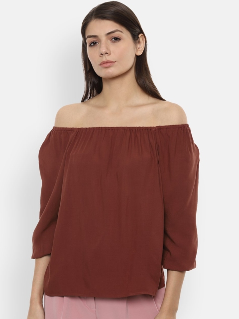 

Van Heusen Woman Rust Brown Solid Off-Shoulder Puff Sleeves Bardot Top