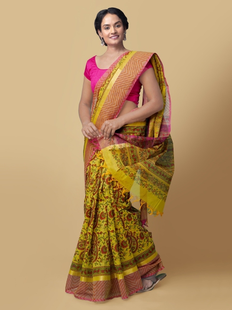 

Unnati Silks Mustard Yellow & Red Pure Cotton Printed Handloom Mangalagiri Saree