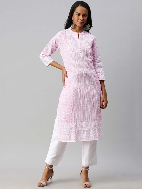 

Soch Women Pink & White Embroidered Pure Cotton Chikankari Kurta