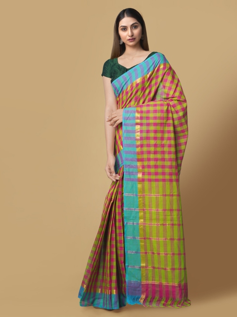 

Unnati Silks Pink & Green Pure Cotton Checked Mangalagiri Saree