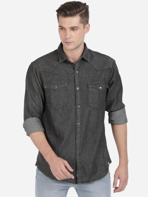 

ANTHEM Men Charcoal Grey Cotton Slim Fit Solid Casual Denim Shirt