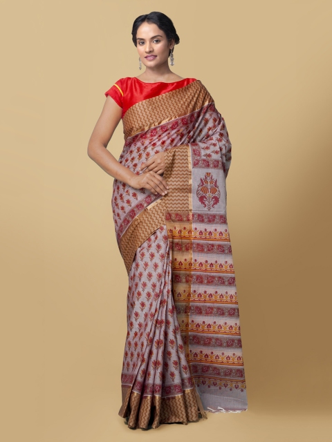 

Unnati Silks Grey & Red Pure Cotton Printed Handloom Mangalagiri Saree
