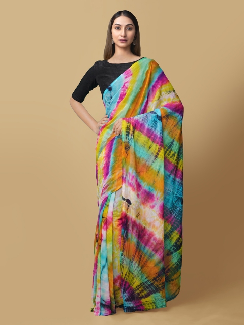 

Unnati Silks Multicoloured Pure Chiffon Dyed Handloom Bhagalpuri Saree, Multi