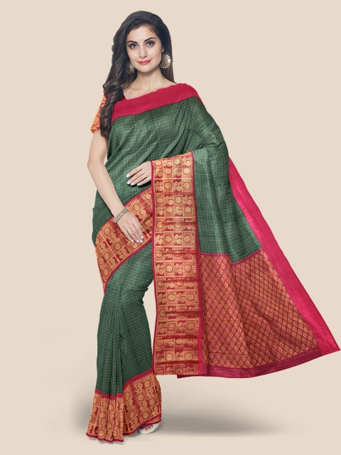 

KLM Fashion Mall Green & Golden Zari Checked Chanderi Saree