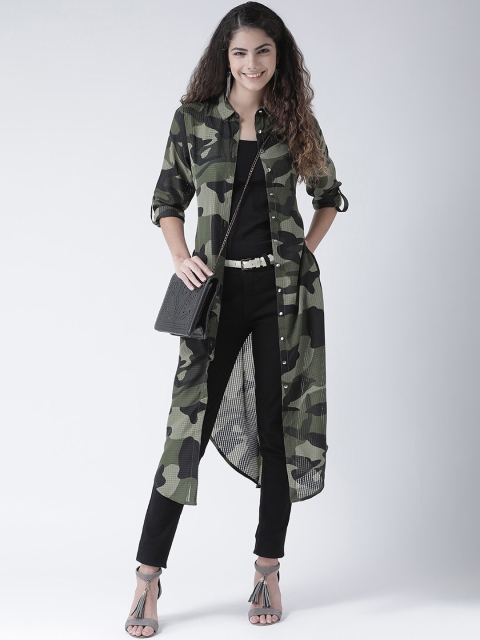 

Texco Women Olive Green Regular Fit Camouflage Printed Longline Casual Shirt