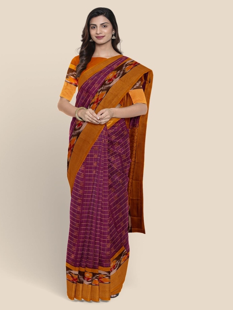 

KLM Fashion Mall Purple & Rust Orange Checked Chanderi Saree
