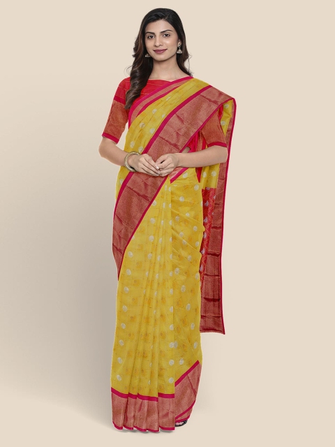

KLM Fashion Mall Mustard Yellow & Off-White Zari Woven Design Chanderi Saree