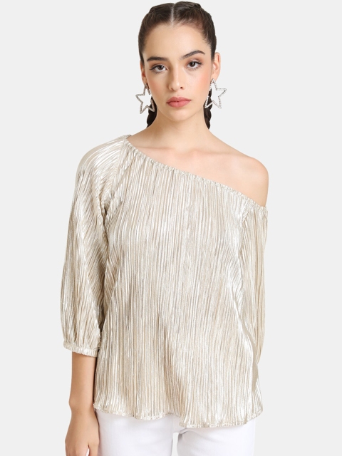

Kazo Silver-Toned & Gold-Toned Striped One Shoulder Pleated A-Line Top