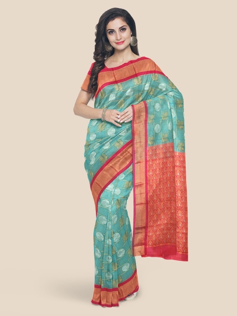 

KLM Fashion Mall Sea Green & Golden Zari Checked Chanderi Saree