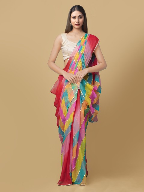 

Unnati Silks Multicoloured Pure Chiffon Striped Handloom Bhagalpuri Saree, Multi