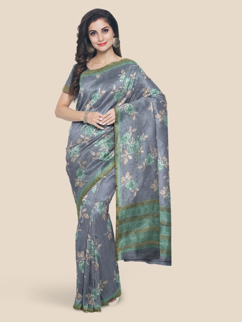 

KLM Fashion Mall Grey & Green Floral Print Linen Blend Banarasi Saree
