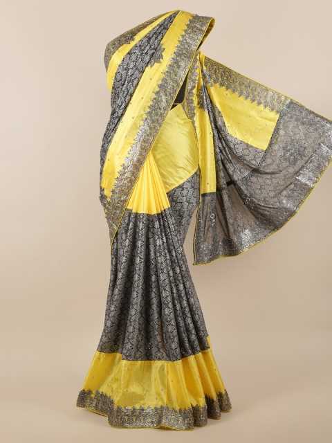 

Pothys Yellow & Grey Printed & Embellished Saree