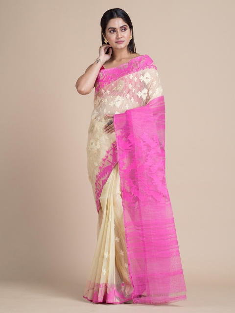 

Mitera Beige & Pink Silk Cotton Woven Design Jamdani Saree