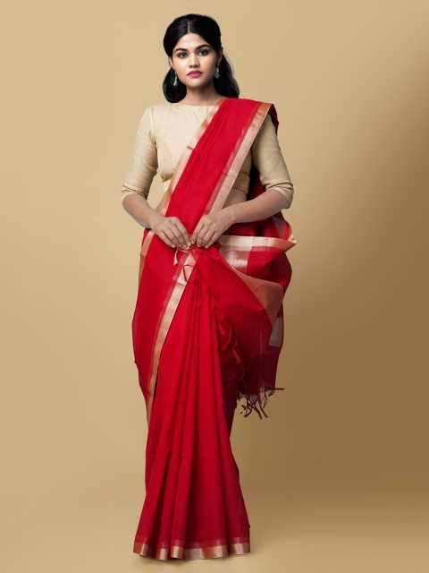 

Unnati Silks Red Silk Cotton Solid Handloom Baluchari Saree