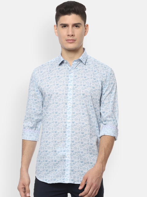 

V Dot Men Off White & Blue Pure Cotton Slim Fit Printed Casual Shirt