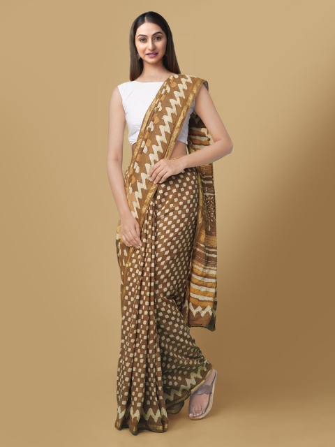 

Unnati Silks Brown & Off-White Pure Cotton Printed Dabu Saree