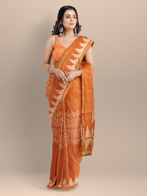 

BharatSthali Orange Silk Cotton Printed Venkatgiri Handloom Saree