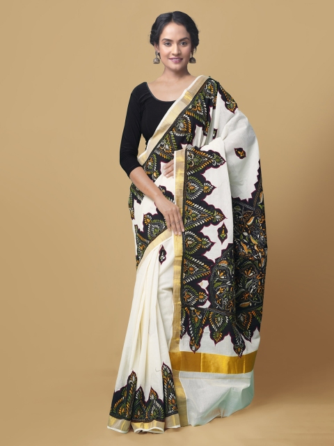 

Unnati Silks White Printed Kanjeevaram Saree