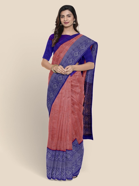 

KLM Fashion Mall Rust Red & Blue Woven Design Chanderi Saree