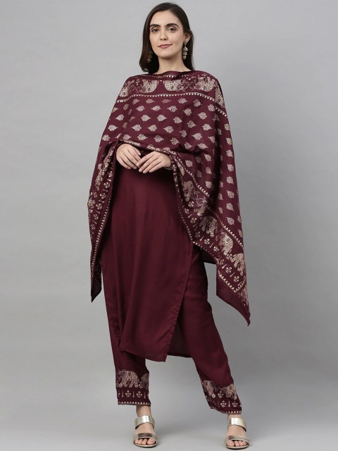 

KALINI Women Burgundy Solid Kurta with Trousers & Dupatta
